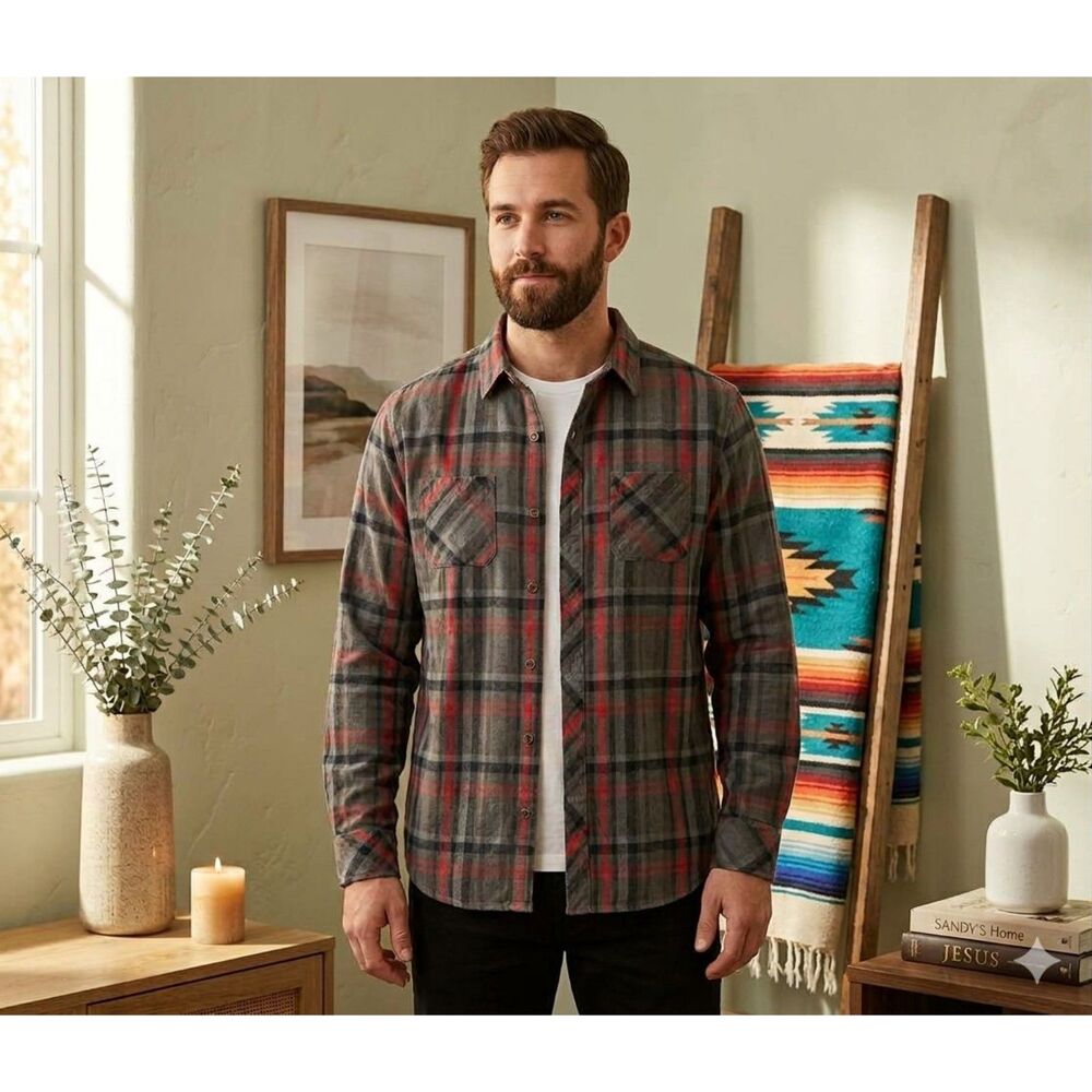 Paper Denim & Cloth Shirt Mens L Gray Red Black Plaid Flannel Cotton